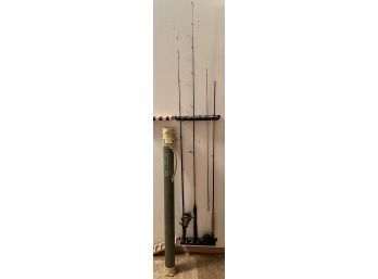 (3) Assorted Fishing Rods With Plano Case - Ugly Stik 5.5' - Daiwa 6' - And A 8.5' Fly Rod (as Is)