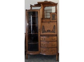 Antique Solid Wood Carved Side By Side Secretary Cabinet With Mirrors And Bowed Glass Front On Casters