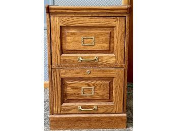 2 Drawer Oak Filing Cabinet With Gold Metal Pulls And Keys