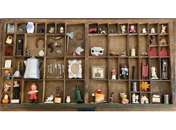 Antique Wood Printers Tray Shadowbox With Miniatures - Assorted Tools, Figurines, Pewter Bell, And More