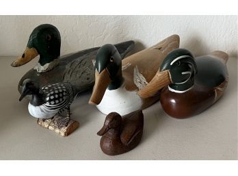 (5) Assorted Carved/painted Wooden Duck Figurines - (1) From Red Mill MFG