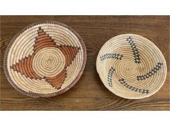 (2) Navajo Wedding Basket Bowls (1) Rust, Brown, And Tan (1) Blue And Tan