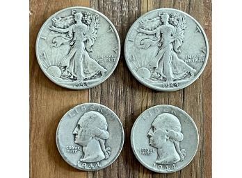 (2) 1944 Liberty Walking Half Dollars And (2) 1944 Silver Quarter Coins