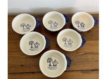 (6) Vintage Poppytrail By Metlox Made In California Provincial Blue Handled Soup Bowls