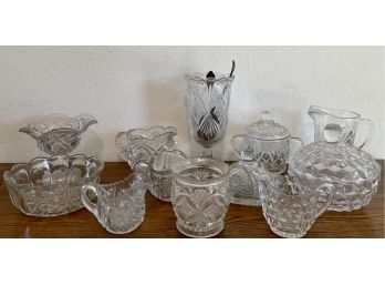 Vintage And Antique Collection Of Clear Pressed Glass - Celery Compote, Creamers, Sugars, Pitchers, And More