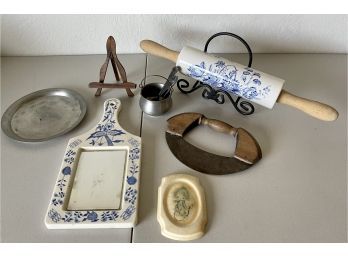 Eclectic Lot - Antique Bread Cutter, Porcelain Hand Painted Mirror, Porcelain Rolling Pin, Pewter Pot, & More