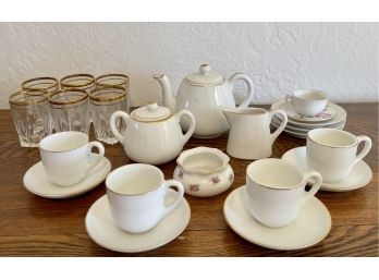 Vintage Hand Painted Nippon White Gold Trim Child's Tea Set With (6) Mini Gold Rim Fostoria Glasses, And More