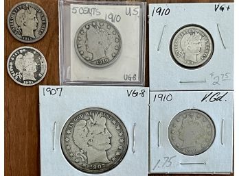 1907 Barber Silver Half Dollar Coin, (2) 1910 5 Cent V Dimes, (1) 1910 (1) 1901 (1) 1913 Barber Silver Dimes