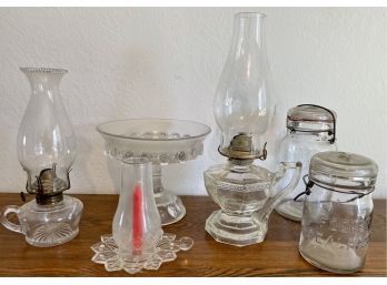 Collection Of Antique Glass - (2) Oil Lamps, (2) Foster Sealed Jars With Lids, And A Compote