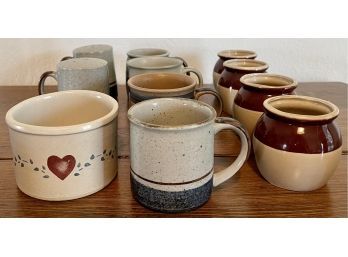 Collection Of Studio Pottery - Mugs, Salt Pepper, Vintage Japan Bean Pots, And A Ransbottom Crock