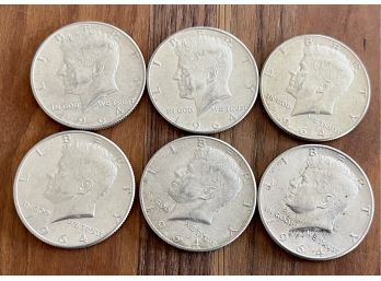 (6) 1964 90 Percent Silver Kennedy Half Dollar Coins - 75.1 Grams Total