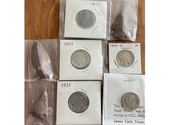 Collection Of Buffalo Head Nickels 1930 - 1937, And A 1903 Indian Head Penny With Arrowheads