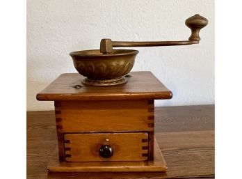 Antique Coffee Grinder With Gold Painted Metal Top And Dovetail Corners