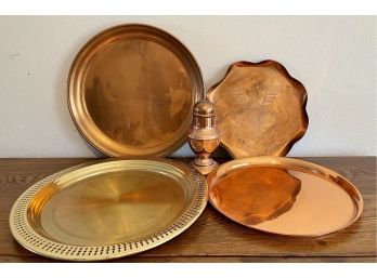 (4) Vintage Solid Copper And Brass Serving Trays -W.B. Copper, Manning Quality Brass, B  W Legacy, And Etched