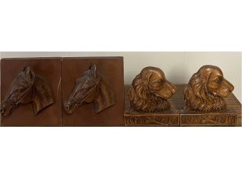 (2) Pair Of Wood Book Ends - SyrocoWood Wooden Horse Head And Golden Retriever