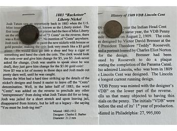 1883 Racketeer Liberty Nickel V Coin And 1909 VDB Lincoln Wheat Cent Coin With Paperwork