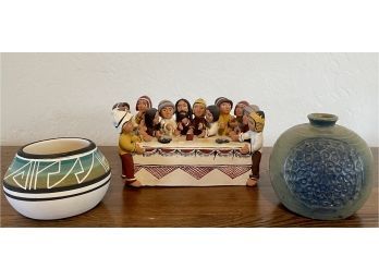 (3) Vintage Pieces Of Pottery - Peru Jesus & 12 Disciples Last Super, Ute CH Pot, And Blue And Green Vase