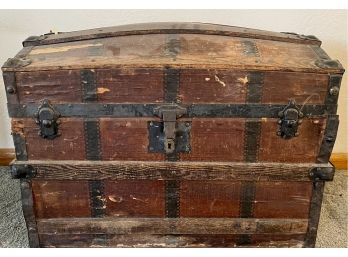 Antique Oak Wood Trunk With Metal Trim (as Is)