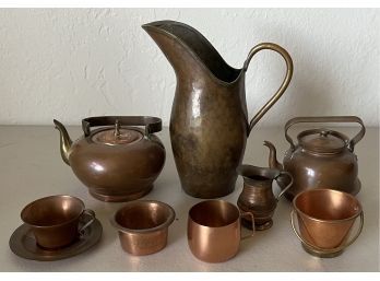 Small Collection Of Copper Including Miniature Teapots, Pitcher, Cup & Saucer, And More