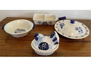 Vintage Collection Of Poppytrail By Metlox Made In California Provincial Blue Serving Pieces And Rooster Dish