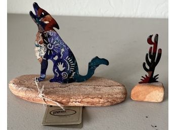 (2) Tazart Collector Series Sand Stone Base And Metal Figurines - Coyote And Cactus