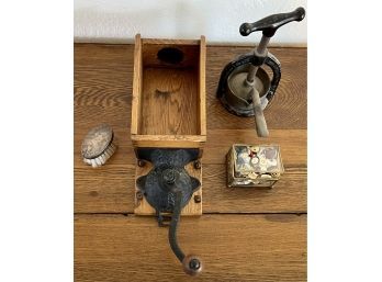 Antique Coffee Grinder (as Is), Juice Press, Old Buttons, And Sterling Silver Brush