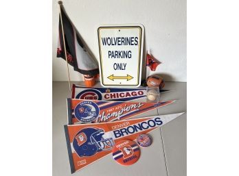 Assorted Sports Memorabilia - Broncos, Wolverines, Cubs, Falcons & More