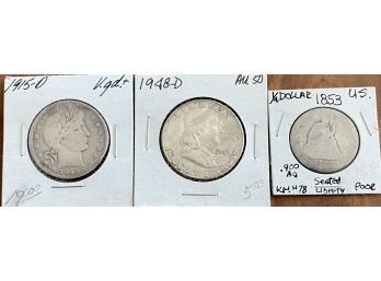 1915 D VGD Barber Silver Half Dollar, 1948 D AU50 Franklin Half Dollar, And 1853 Seated Liberty Quarter Coin