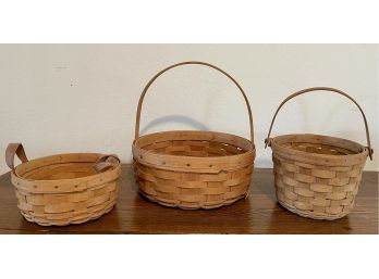 (3) Vintage Longaberger Baskets - (1) With Leather Handles And (2) With Wood Handles - 1983, 1987