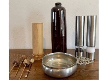 Assorted Lot - Bamboo Log Drum With Sticks, USA Brown Glaze Vase, Gorham Pewter Porringer, Salt And Pepper