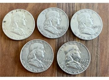 (5) Franklin Half Dollar Coins - 1954, 1958, 1961, (2) 1962