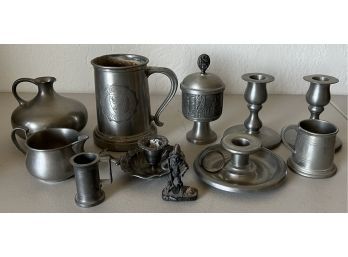 Small Collection Of Pewter - Figurines, Candleholders, Stein, & More