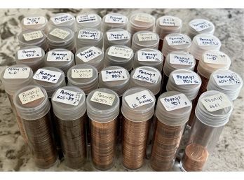 (33) Containers Of 70's-2000's Pennies Approximately 50 Coins Each And (1) Partially Full