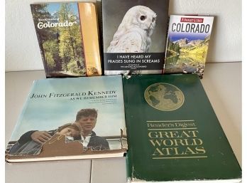 Collection Of Coffee Table Books - JFK, Great World Atlas, Praises Sung In Screams, And Colorado