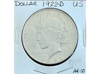 1922 D Liberty Peace Dollar Coin AU-50