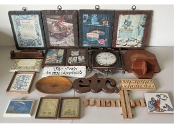 Large Lot Of Assorted Size Home Decor Plaques, Small Shelves, Clock, And More