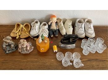 Vintage Antique Baby Lot - Canada Leather Mocasons Size 4, Nike's, Baby Bgosh, Mini Iron, Mini Cups, And More