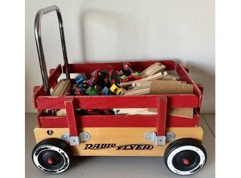 Vintage Wooden Radio Flyer Wagon With Assorted Wooden Train Set