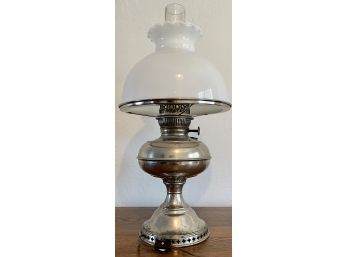 Antique Rayo Silver Tone Converted Oil Lamp To Electric With White Milk Glass Shade