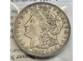 1921 Morgan Silver Dollar Coin With Paperwork