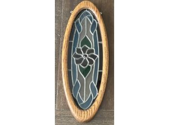 Vintage Solid Oak Oval Framed Stained Glass Window Art (as Is)