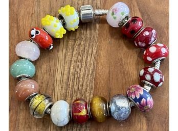 Vintage Sterling Silver Art Glass Bead - Cake Bead - Stone 17 Bead Charm Bracelet