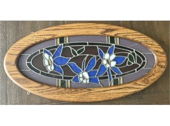 Solid Oak Framed Stained Glass Columbine Flower Oval WIndow Wall Hanging Art