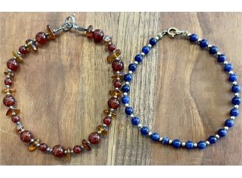 (2) Vintage Bead Bracelets - Sterling Silver, Amber & Carnelian Bead & Gold Filled Blue Lapis Bead