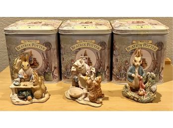 (3) The World Of Beatrix Potter Ceramic Figurines With Original Tins