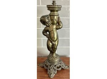 Vintage Cherub Holding Urn Brass Lamp Base Signed SS NY 1250 On Bottom 13' Tall