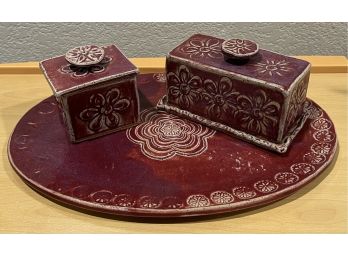 Signed Studio Pottery 14 Inch Platter With Butter Dish And Lidded Canister - Kathi