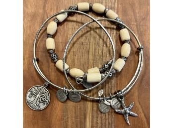 (3) Vintage Alex And Ani Bangle Bracelets With Wood Beads And Charms