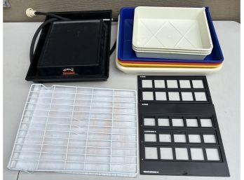 Film Developing Lot Including Print Trays, Plastic Bins, Ilford 35mm Slide Printing Sheets