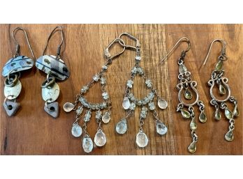 (3) Pairs Of Boho Chic Metal And Rhinestone Wire Earrings